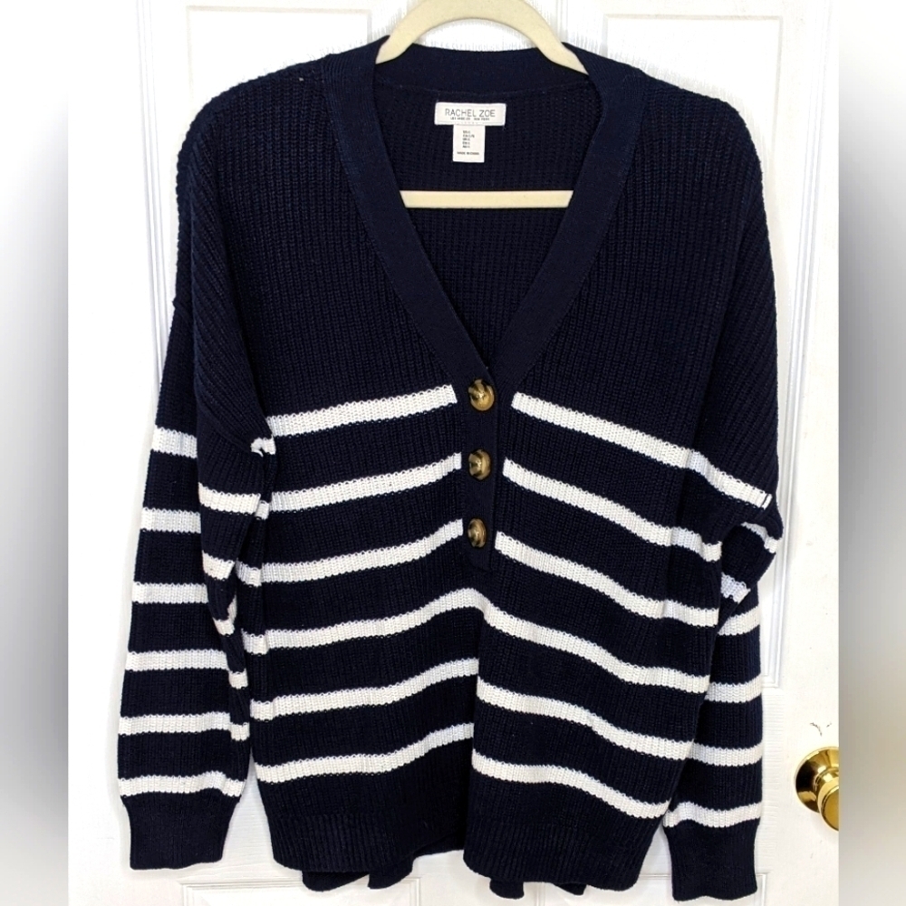Rachel Zoe Women's V-neck Cable Knit Sweater Navy Blue and White Size L Hi-Lo